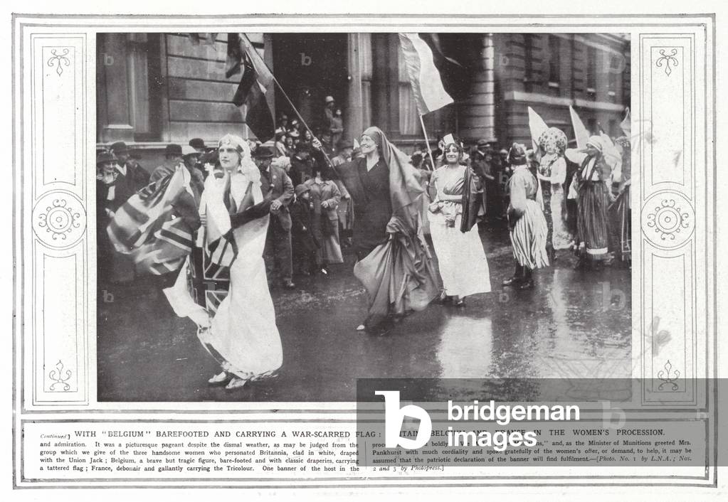 The Minister of Munitions addressing the demonstrators, Mr Lloyd George, with Belgium barefooted and carrying a war-scarred flag, Britain, Belgium, and France in the women's procession (b/w photo)