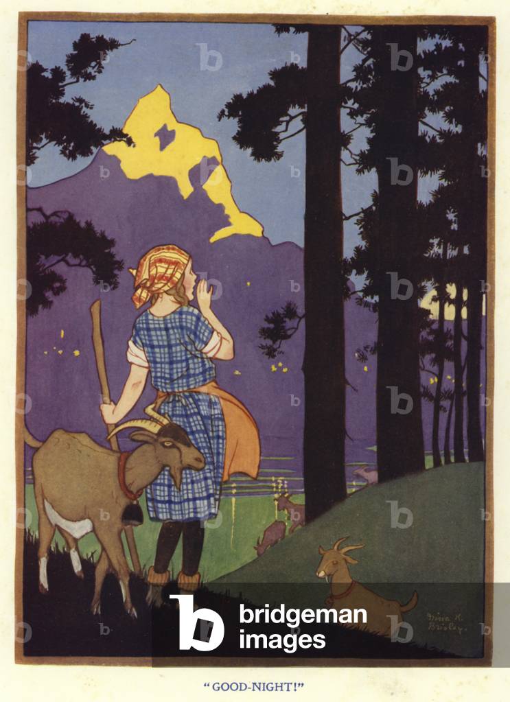 Girl goat herder saying goodnight (colour litho)