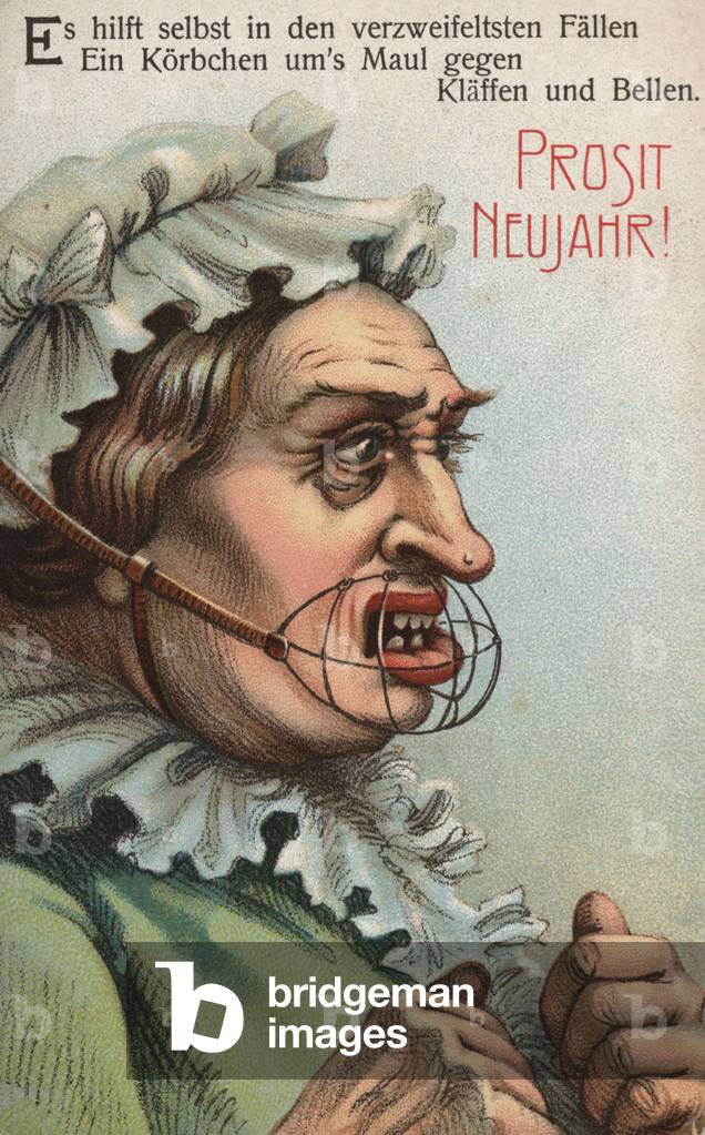 Woman with a cage around her mouth (colour litho)