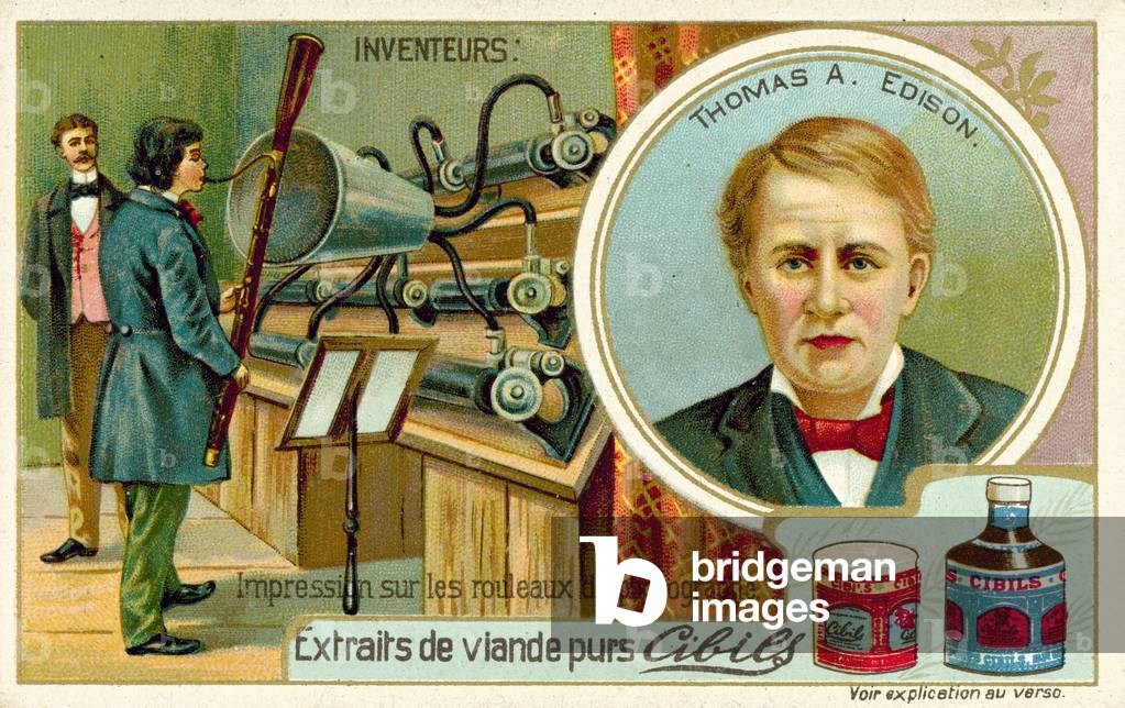 Thomas A Edison, inventor - recording a phonograph (chromolitho)