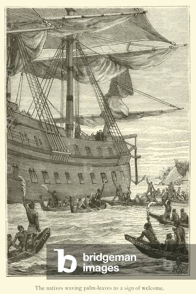The natives waving palm-leaves as a sign of welcome (engraving)