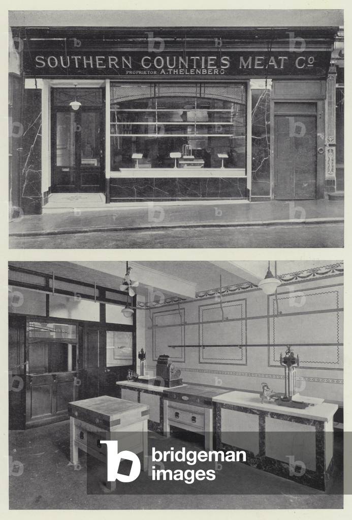 Exterior and Interior Arrangement of Modern Pork Butcher's Premises (b/w photo)
