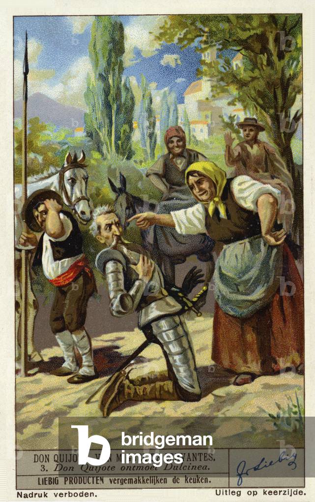 Scene from Spanish author Miguel de Cervantes' novel Don Quixote: Don Quixote meets his 'lady love', Dulcinea del Toboso (chromolitho)