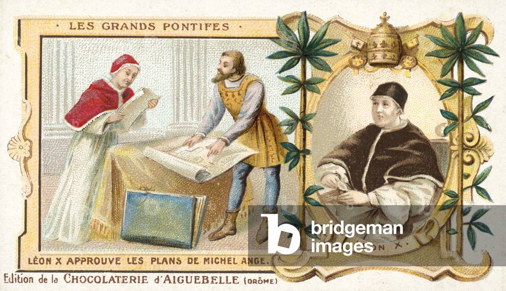 Pope Leo X approving the plans of Michelangelo, 16th Century (chromolitho)