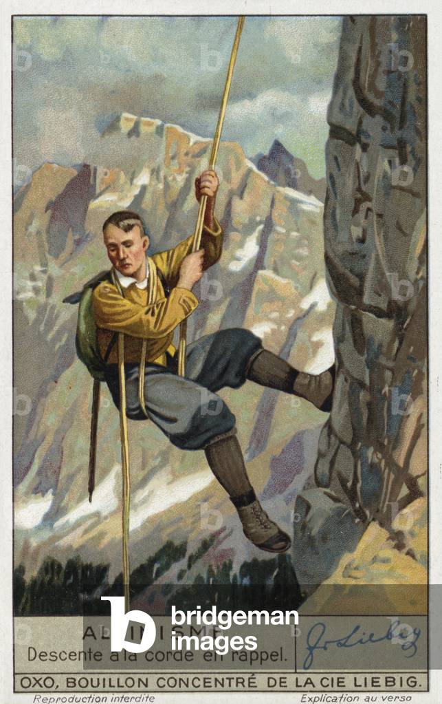 Abseiling on a rope (chromolitho)