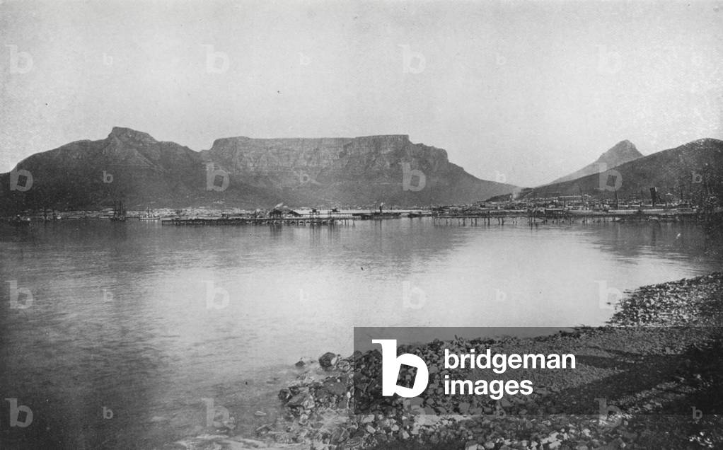 South Africa: Devil's Peak, Table Mountain, and Lion's Head, Cape Town (b/w photo)