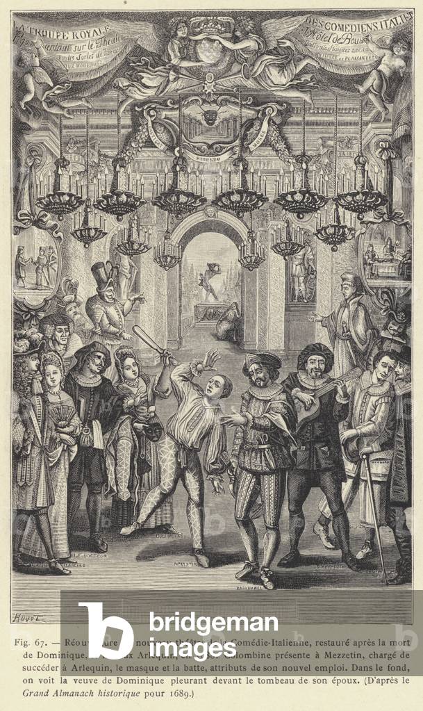 Reouverture du nouveau theatre de la Comedie-Italienne, restaure apres la mort de Dominique, le fameux Arlequin, en 1688 (engraving)