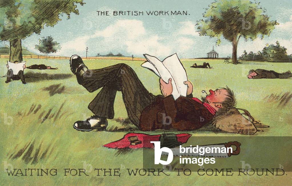 The British Workman, waiting for the work to come round (colour litho)