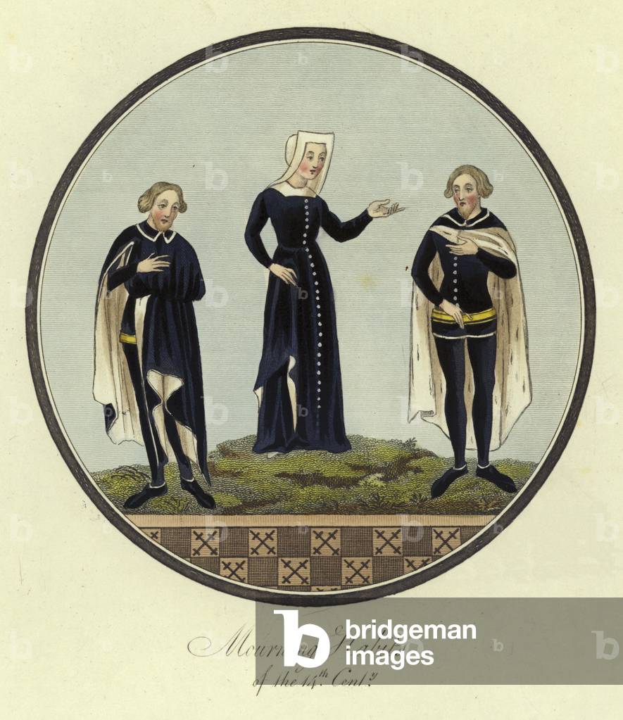 Mourning habits of the 14th Century (coloured engraving)