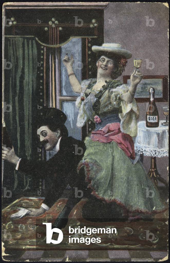 A well-dressed couple pictured laughing (colour litho)