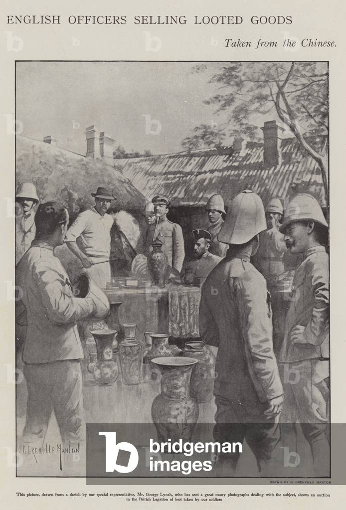 English officers selling looted goods taken from the Chinese during the Boxer Rebellion (litho)