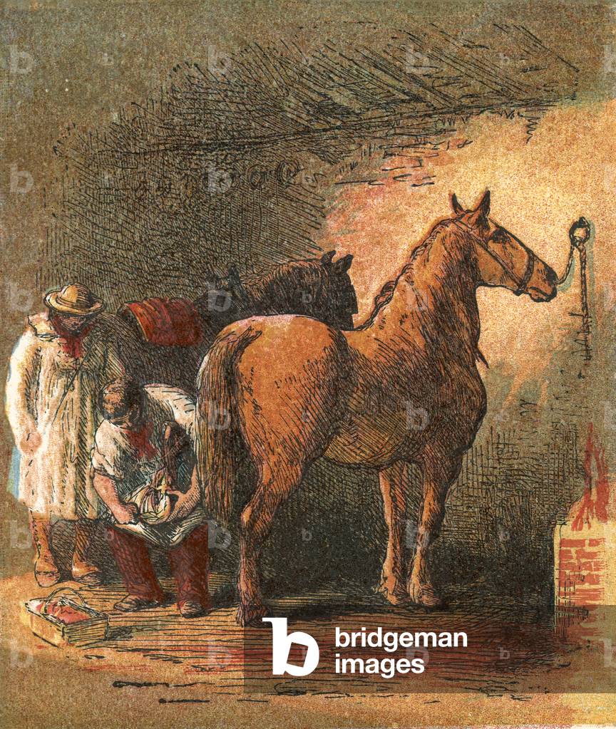 Country blacksmith shoeing the farmer's cart-horse