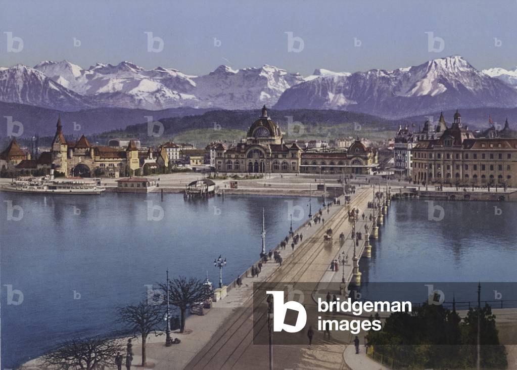 Luzern, Seebrucke, Bahnhof u die Alpen (colour photo)