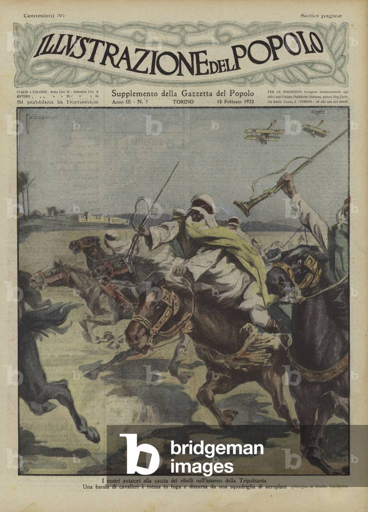 A band of rebel horsemen fleeing attacking Italian aircraft in Tripolitania (colour litho)