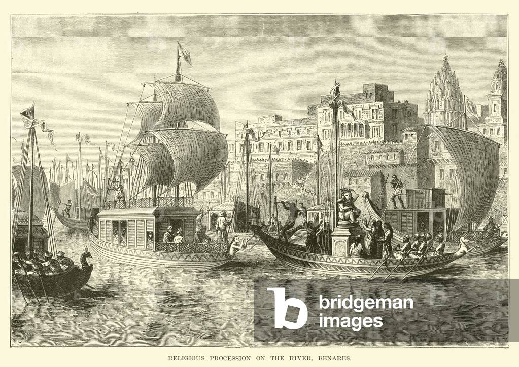 Religious procession on the river, Benares (engraving)
