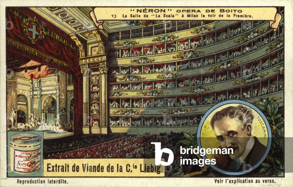 Interior of La Scala opera house, Milan, on the evening of the premiere of Italian composer Arrigo Boito's opera Nerone, 1924 (chromolitho)