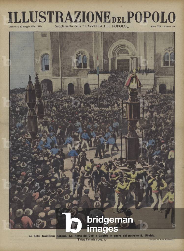Religious festival in honour of St Ubald, patron saint of the Italian town of Gubbio (colour litho)