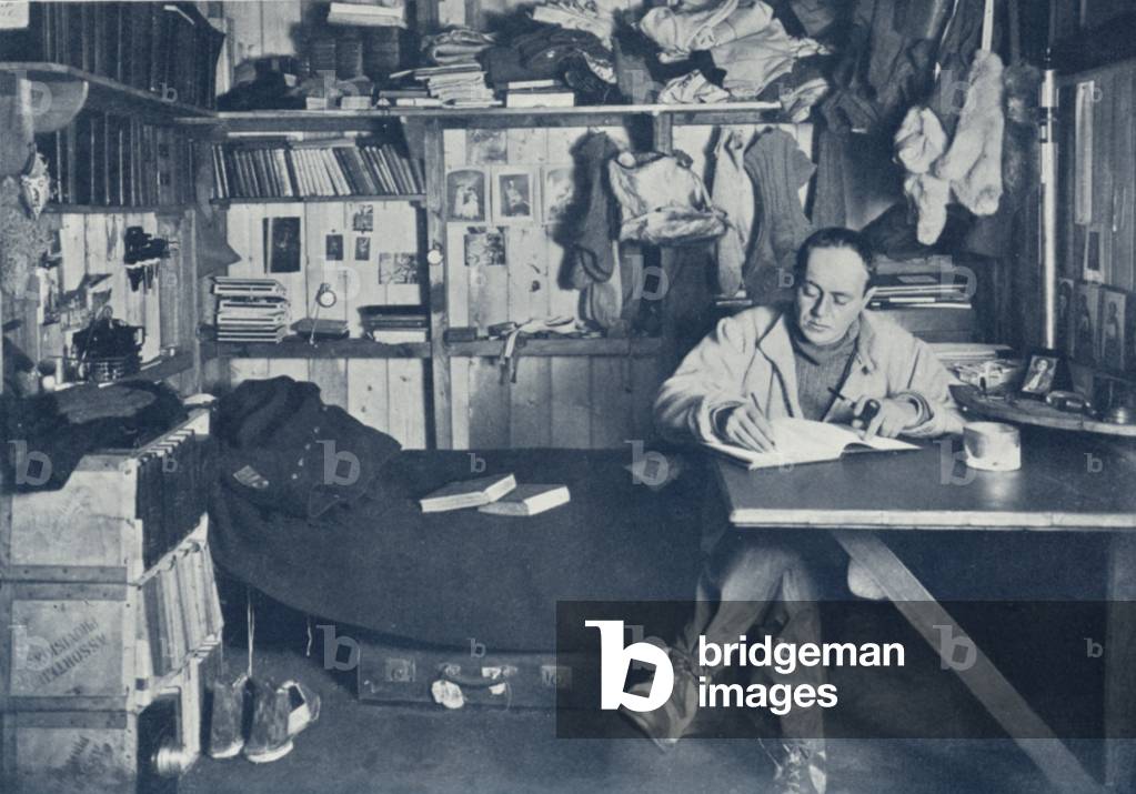 Captain Scott in his workshop on the Terra Nova (b/w photo)