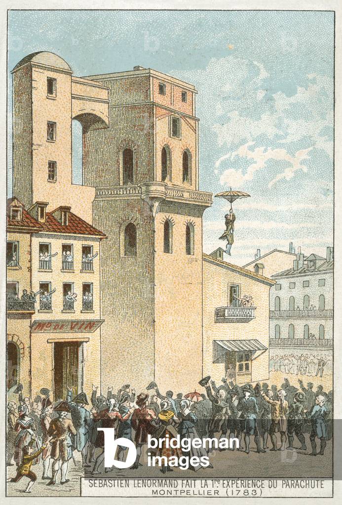 Sebastien Lenormand making the first parachute descent, Montpellier, 1783 (chromolitho)