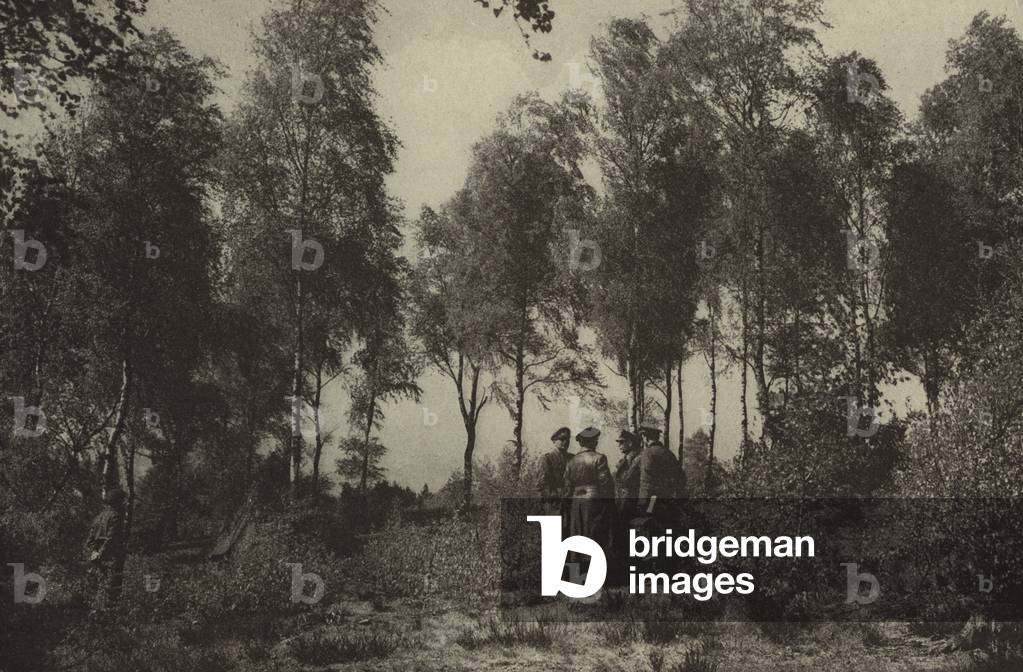 German emissaries conferring on Luneburg Heath before the surrender of their forces to the British on 4 May 1945, World War II (b/w photo)