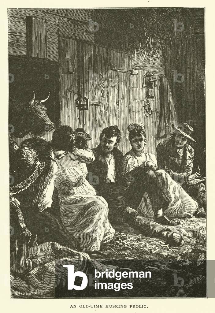 An old time husking frolic (engraving)