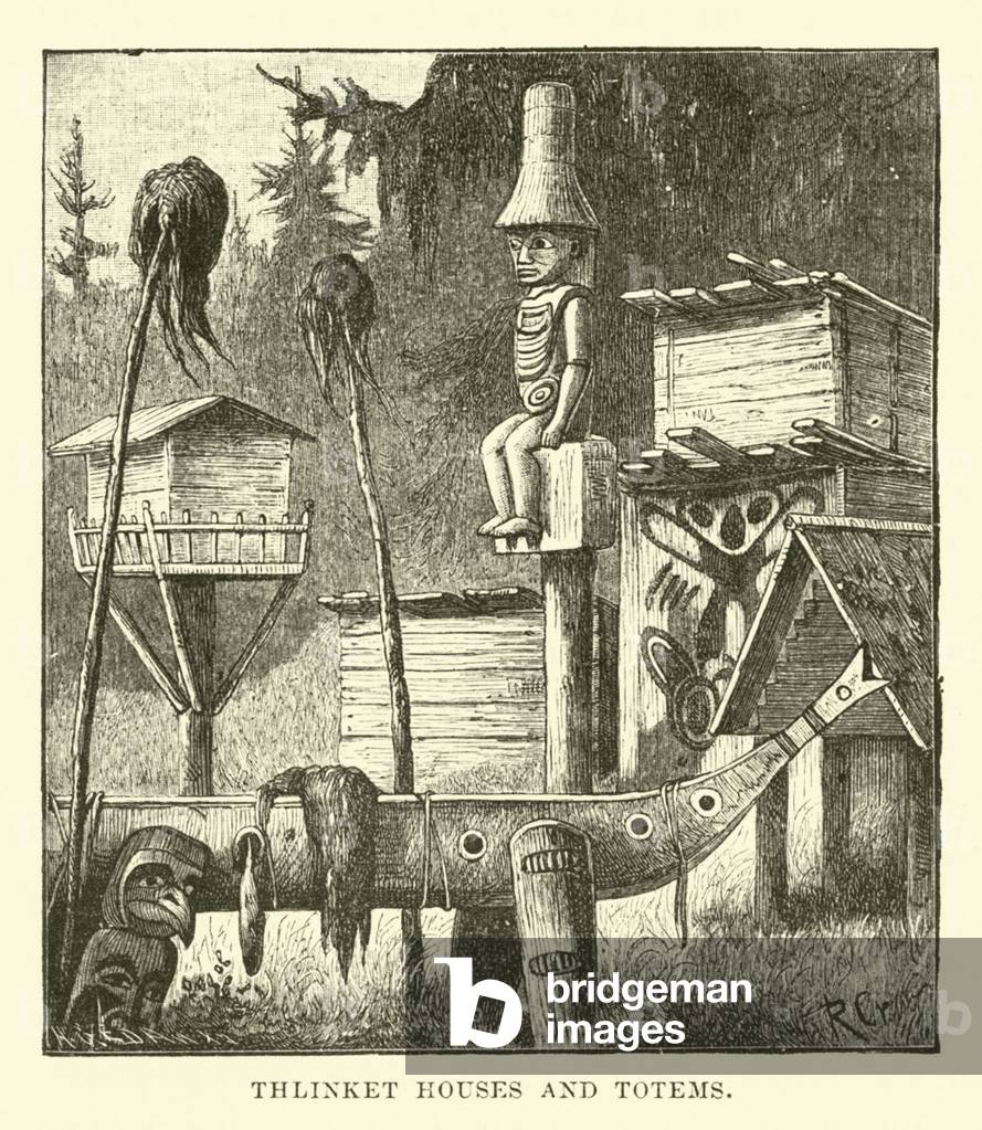 Thlinket houses and Totems (engraving)