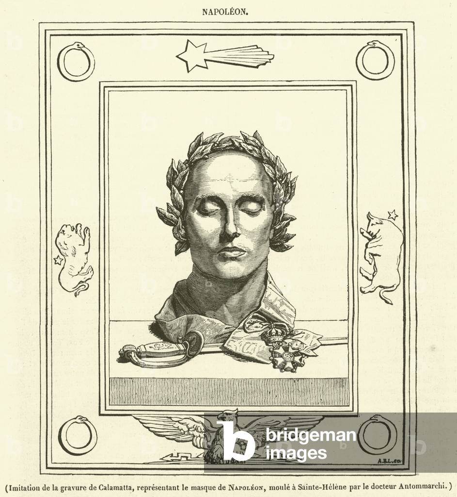 Imitation de la gravure de Calamatta, representant le masque de Napoleon, moule a Sainte-Helene par le docteur Antommarchi (engraving)