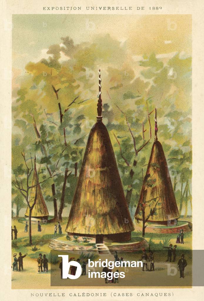 New Caledonia (Kanak huts), Exposition Universelle 1889, Paris (chromolitho)