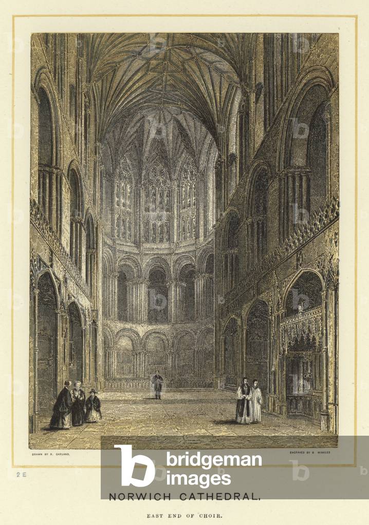 Norwich Cathedral, east end of choir (colour litho)