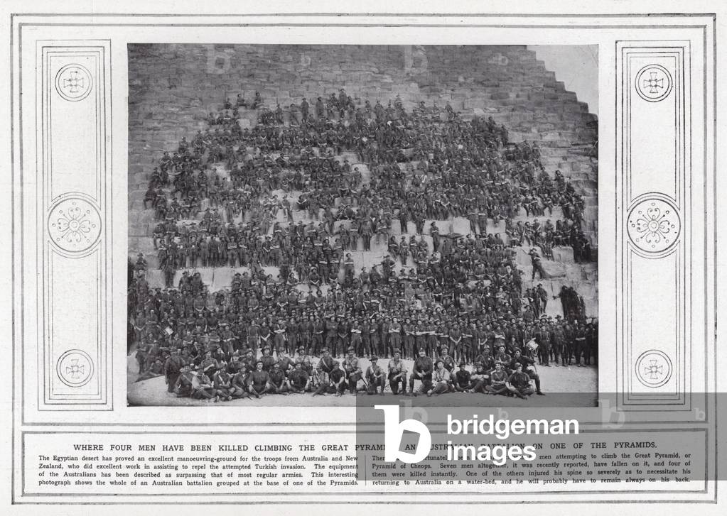 Where four men have been killed climbing the Great Pyramid, an Australian battalion on one of the Pyramids (b/w photo)