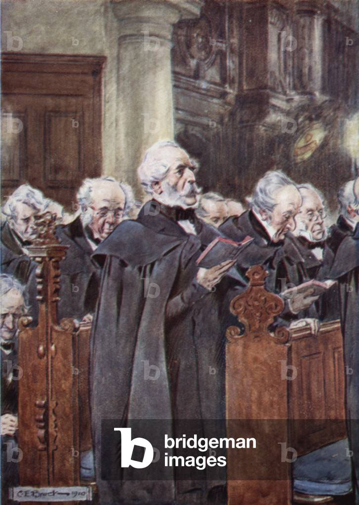 His dear old head was bent over his prayer book (colour litho)