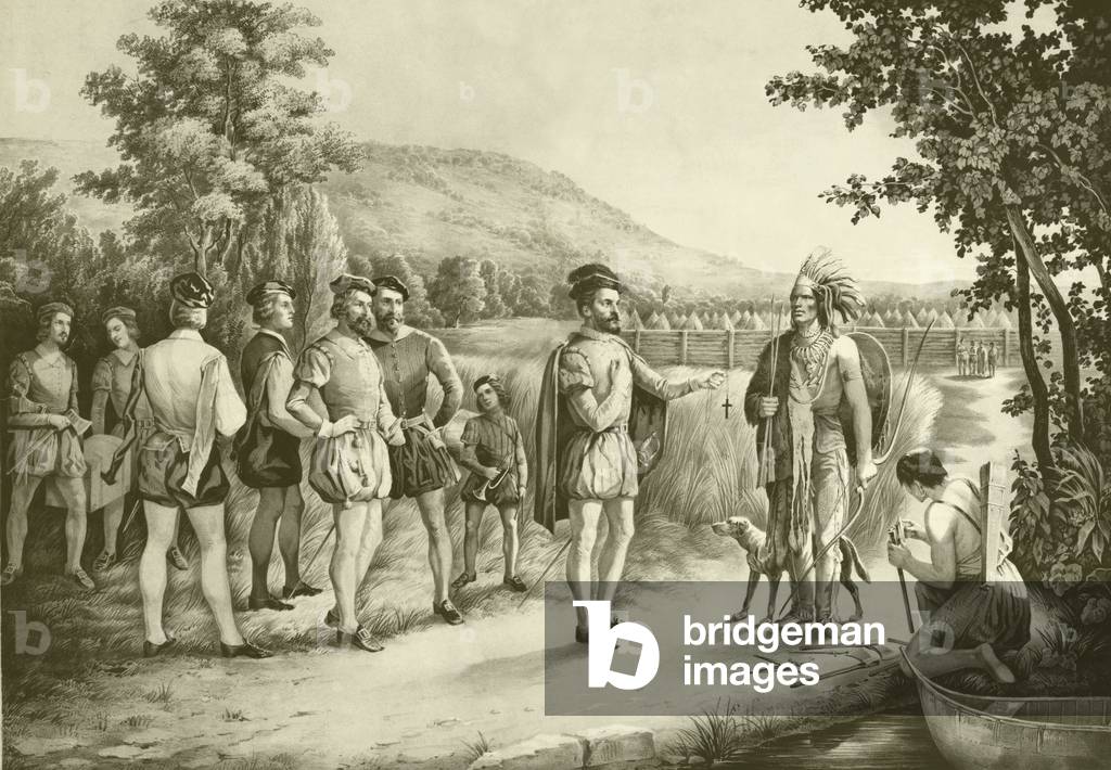 Jacques Cartier, his first interview with the Indians at Hochelaga now Montreal in 1535, c.1850 (litho)