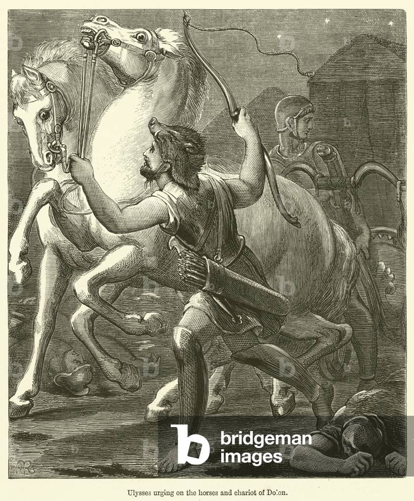 Ulysses urging on the horses and chariot of Dolon (engraving)