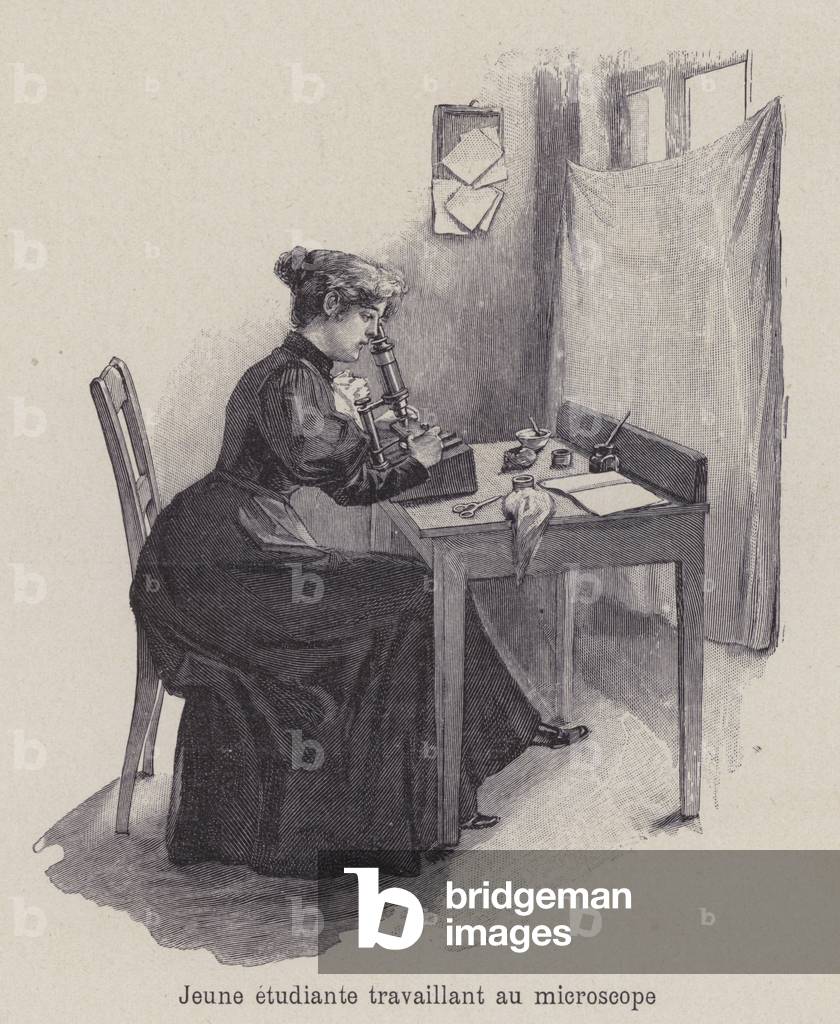 Young woman student working with a microscope (litho)