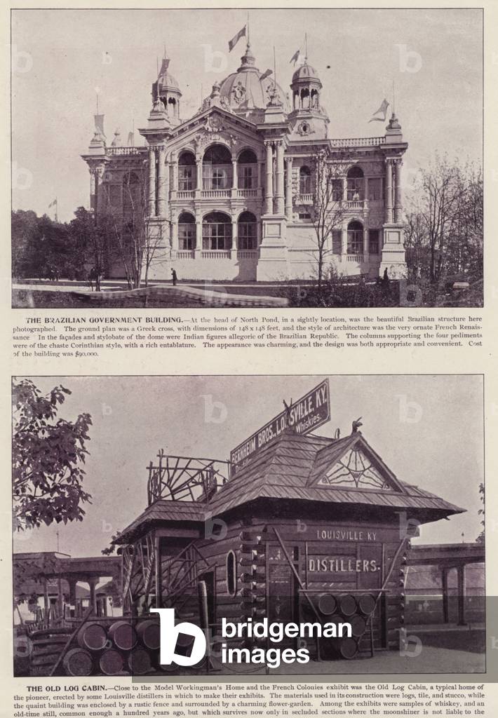 Chicago World's Fair, 1893: The Brazilian Government Building; The Old Log Cabin (b/w photo)