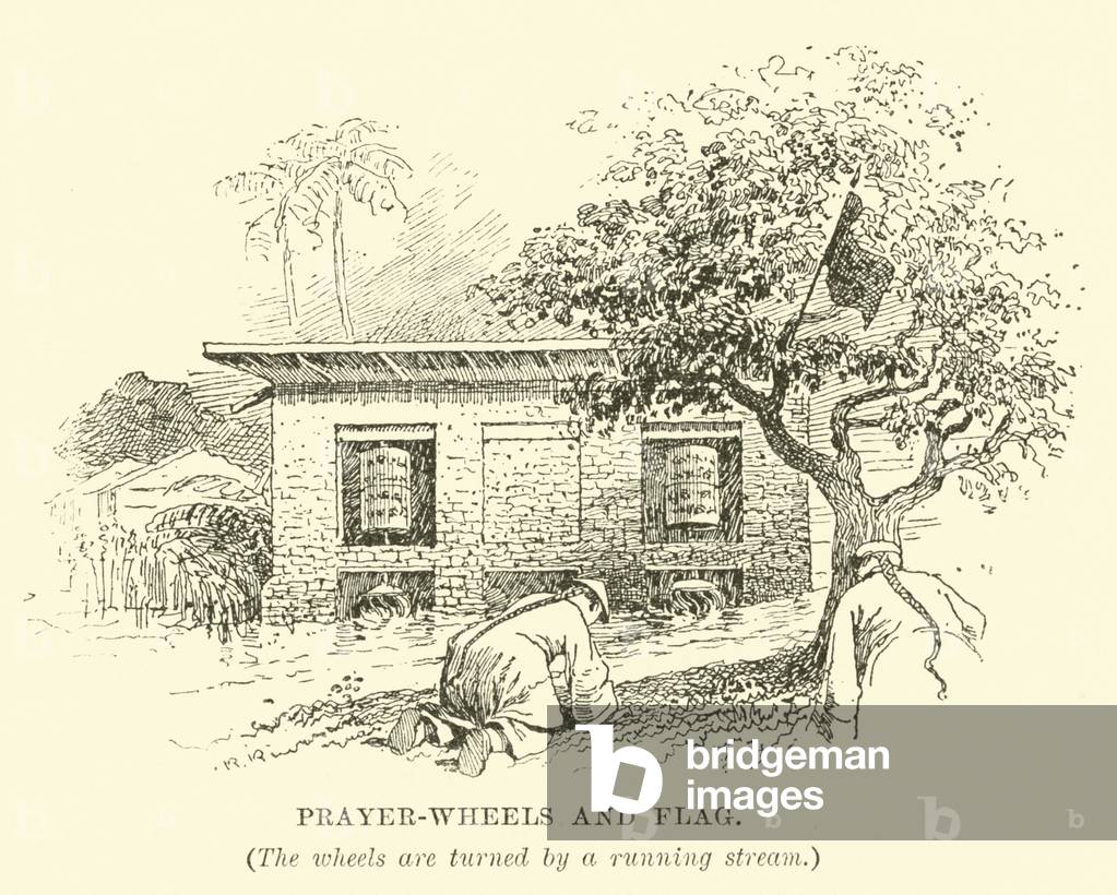 Prayer-wheels and Flag (engraving)