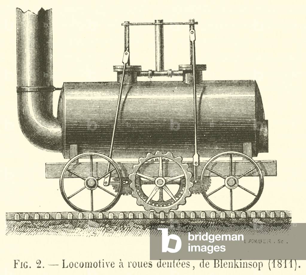 Locomotive a roues dentees, de Blenkinsop, 1811 (engraving)