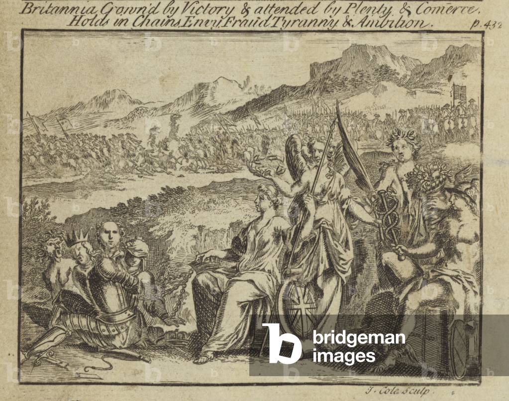 Britannia crowned by Victory and attended by Plenty and Commerce, holds in Chains, Envy, Fraud, Tyranny and Ambition (engraving)