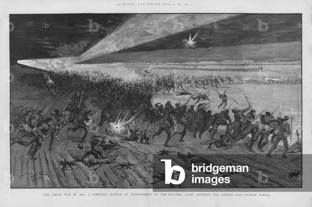 The Battle of Alexandrovno, imagined battle scene in a war between Russia and Germany using electric light to illuminate the battlefield at night (litho)