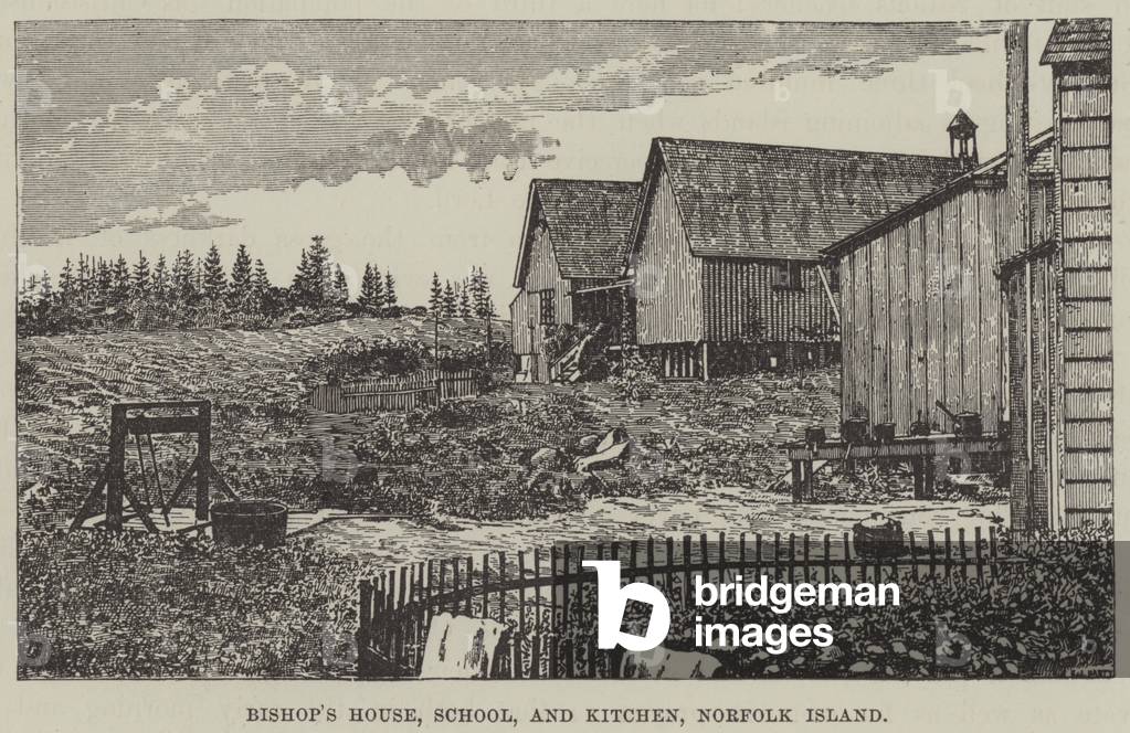 Bishop's house, school, and kitchen, Norfolk Island (engraving)