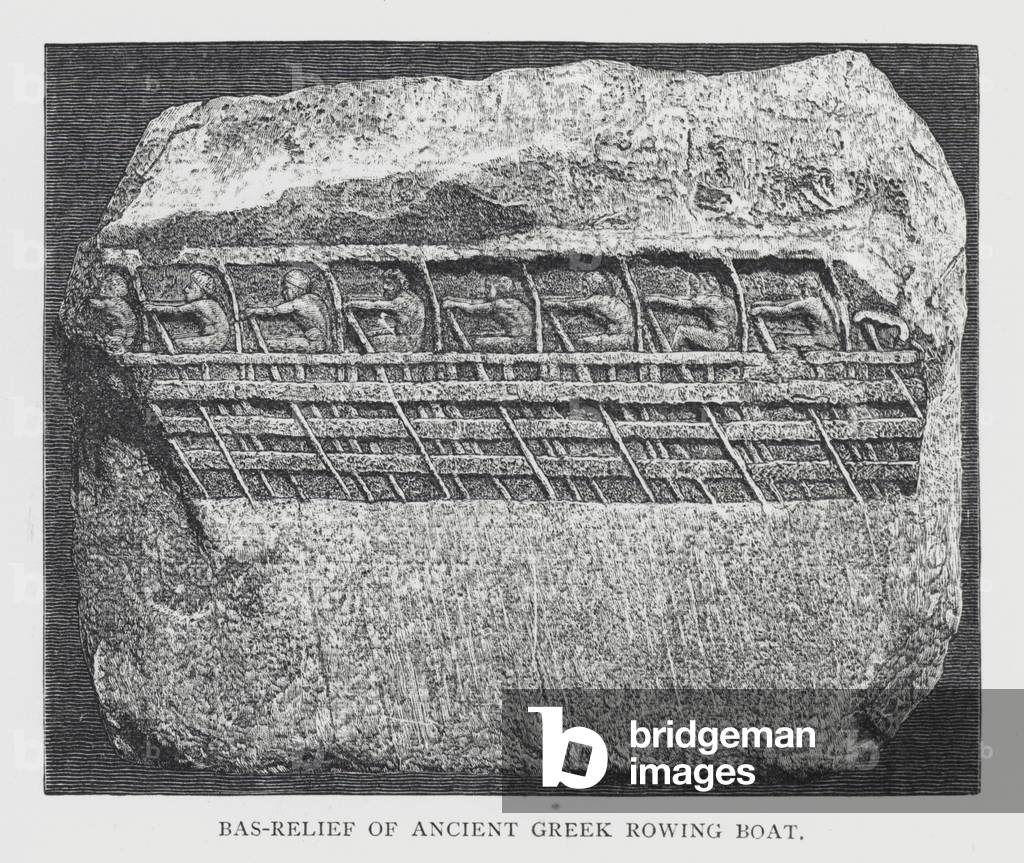 Bas-relief of ancient Greek rowing boat (engraving)