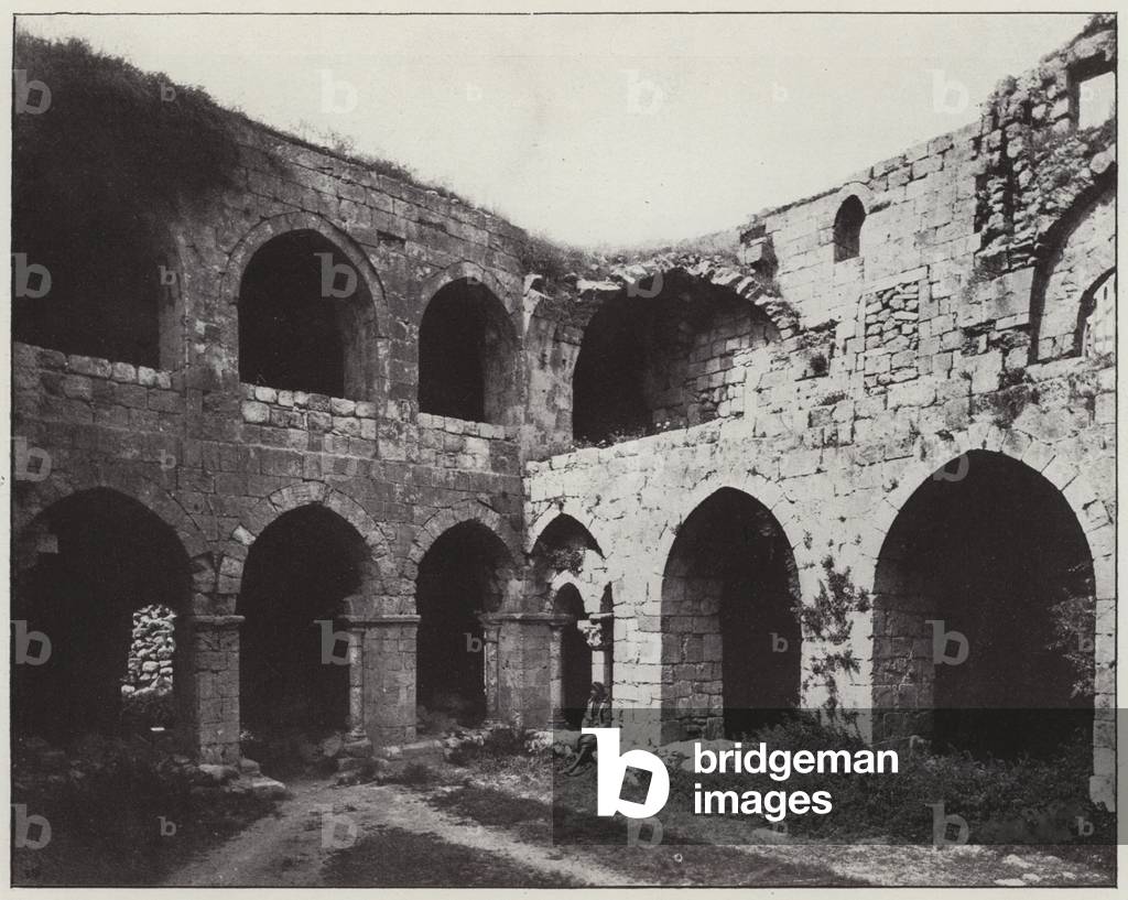 Jerusalem, Interior of St John's hospital, the courtyard (b/w photo)