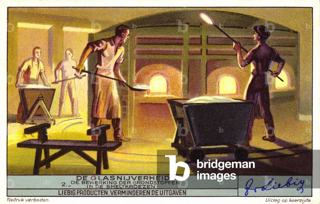 Loading raw materials for making glass into crucibles in a glassworks (chromolitho)