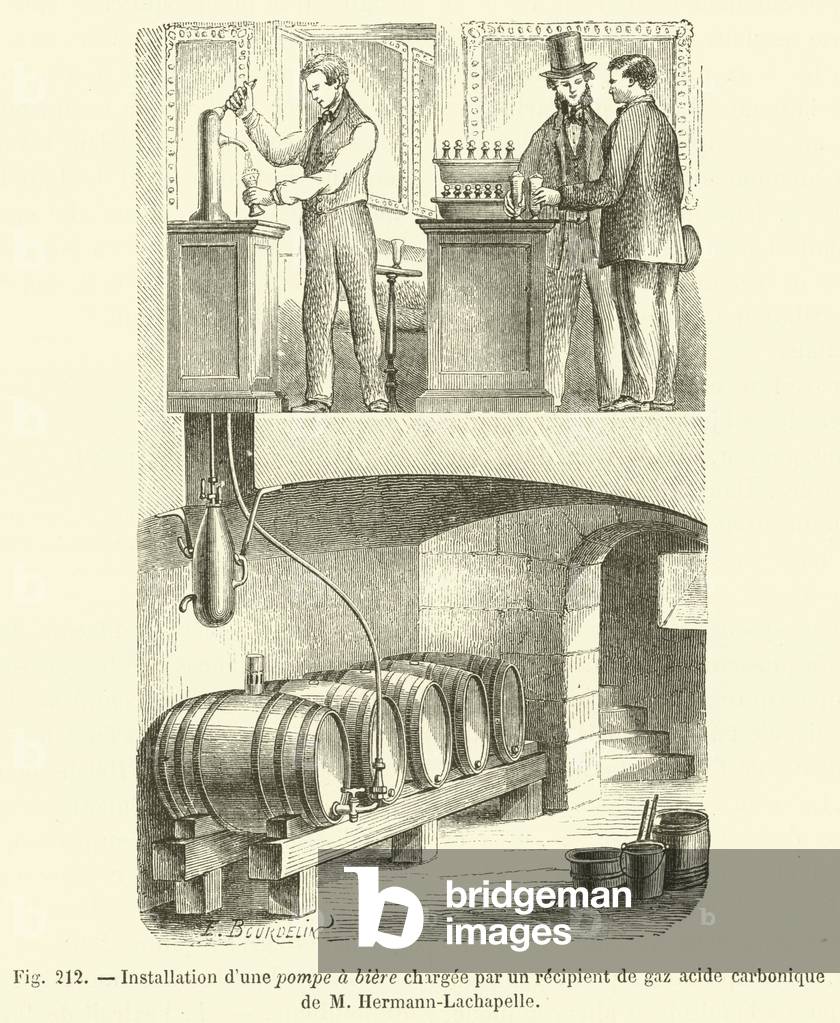 Installation d'une pompe a biere chargee par un recipient de gaz acide carbonique de M Hermann-Lachapelle (engraving)