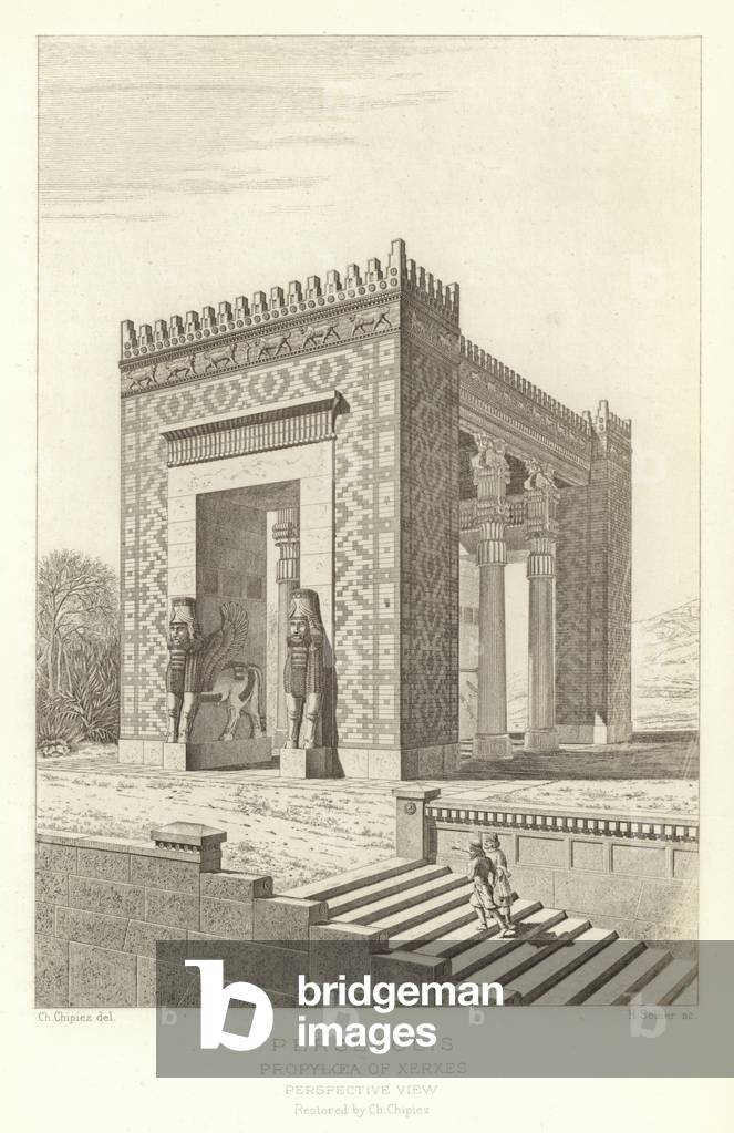 Persepolis, Propylaea of Xerxes, Perspective view, restored by Ch Chipiez (engraving)