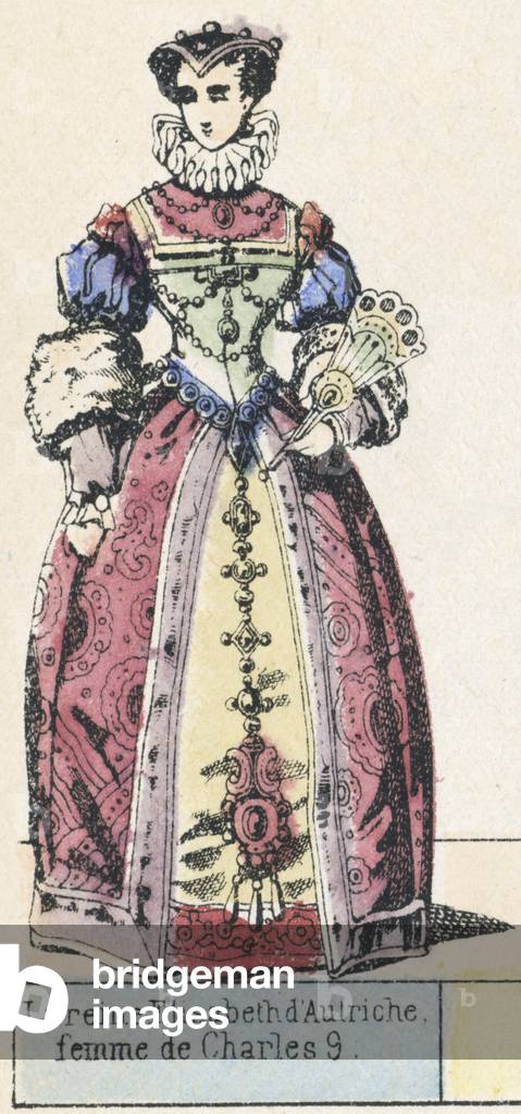 La reine Elisabeth d'Autriche, femme de Charles 9 (coloured engraving)
