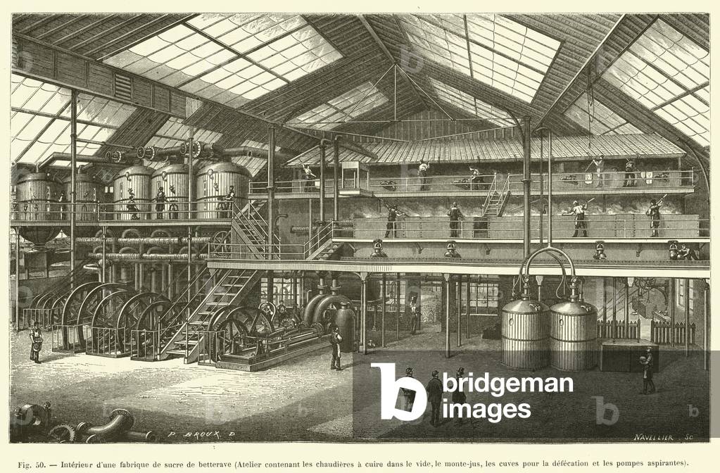 Interieur d'une fabrique de sucre de betterave, Atelier contenant les chaudieres a cuire dans  (engraving)