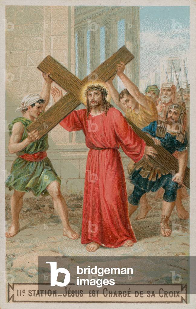 Jesus carries His Cross. The second Station of the Cross (chromolitho)