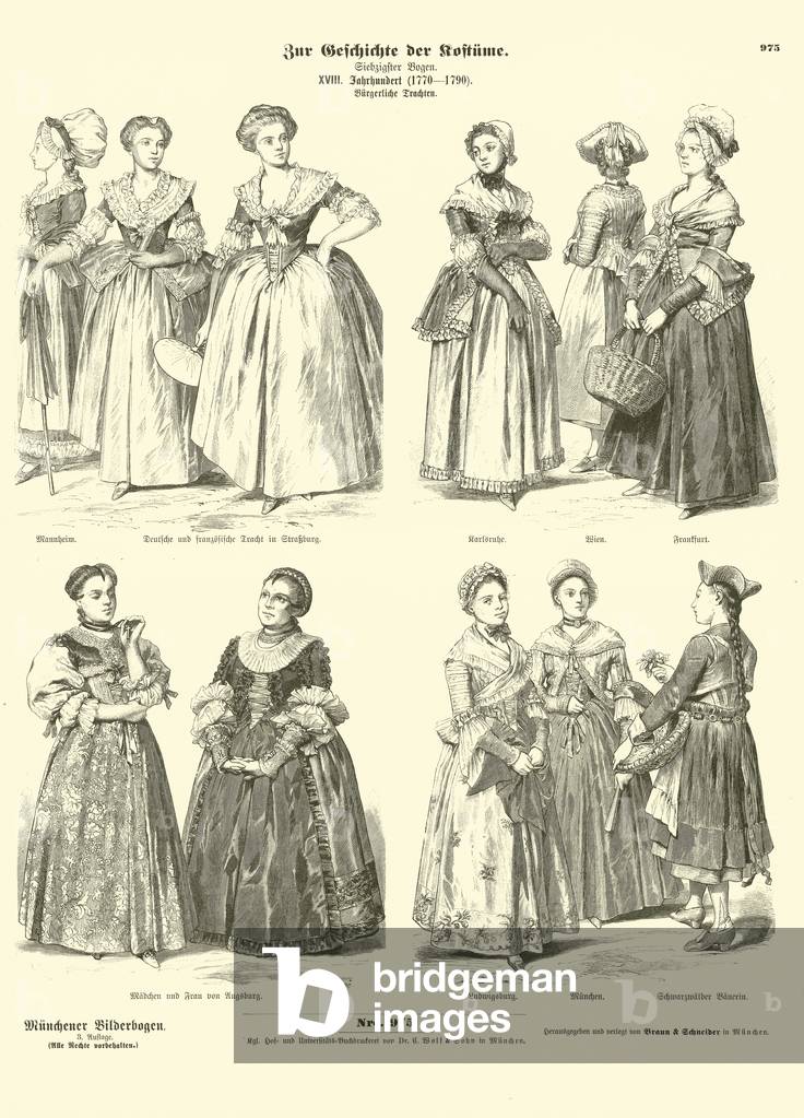 French and German Bourgeois women's costumes, late 18th Century (engraving)