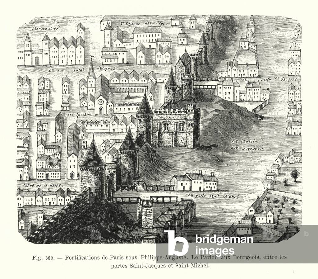 Fortifications de Paris sous Philippe-Auguste, Le Parloir aux Bourgeois, entre les portes Saint-Jacques et Saint-Michel (engraving)